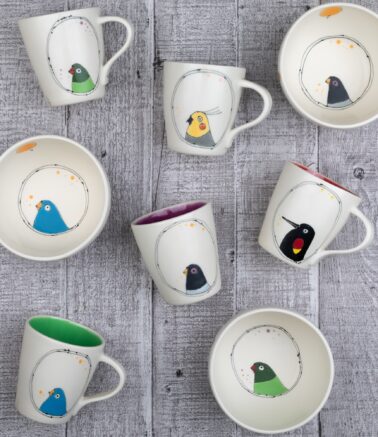 Ezme Designs Bird Bowls and Mugs Collage
